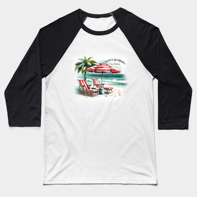 Santa Barbara Vintage Watercolor Beach Scene - California Travel Baseball T-Shirt by Retro Travel Design